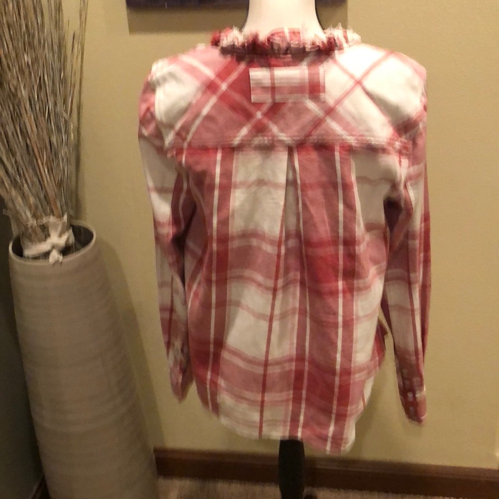 Free People Always Forever Ruffle Red Pink Plaid Flannel Top Small - Picture 10 of 12